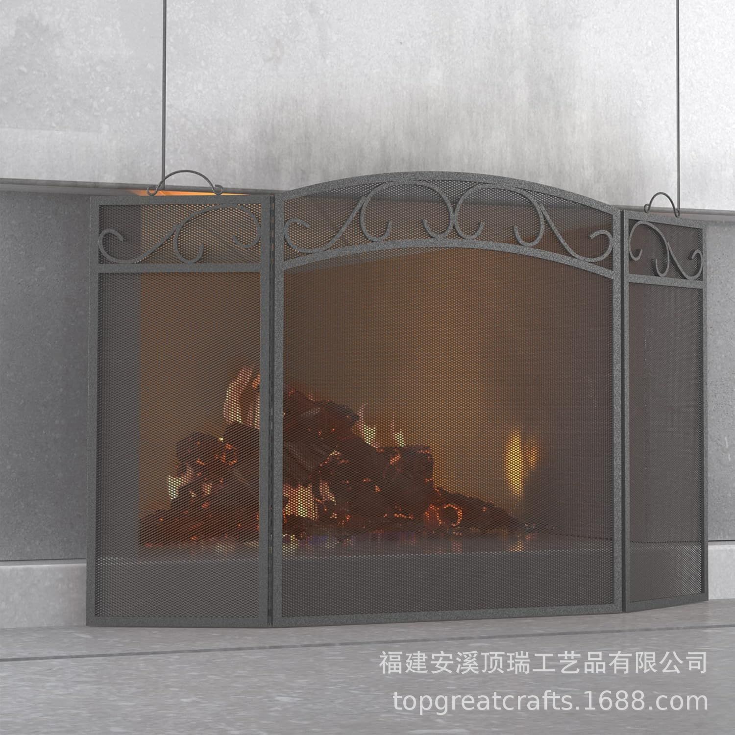 三扇带把手铁艺壁炉防燃防火屏