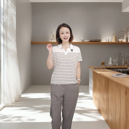 华人杰10A抗菌Polo衫女士条纹拼色压胶V领百搭妈妈装夏季凉感T恤