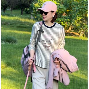 华人杰新款长袖衫条纹t恤宽松时尚休闲女质感百搭95棉气质领上衣