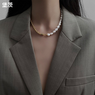 个性 淡水珍珠项链韩版 设计拼接项链女气质时尚 颈链简约复古锁骨链