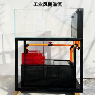 黑玻侧溢流溪流缸工业风溪流缸鱼缸金晶五线超白灰玻底滤缸