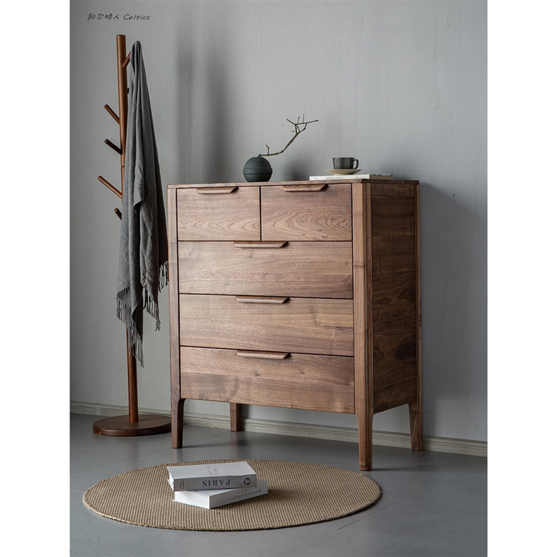 北美黑胡桃木全实木边柜五斗柜家用落地储物柜现代简约式客厅边柜