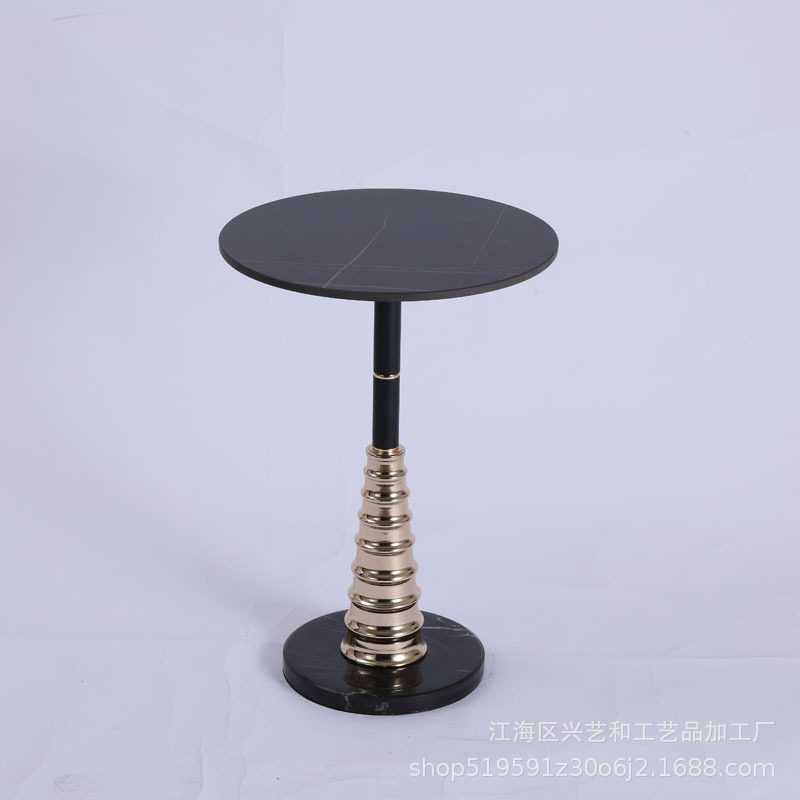 黑色岩板金色小茶几边几高脚铁艺简约现代奶油风角几酒店休闲圆桌