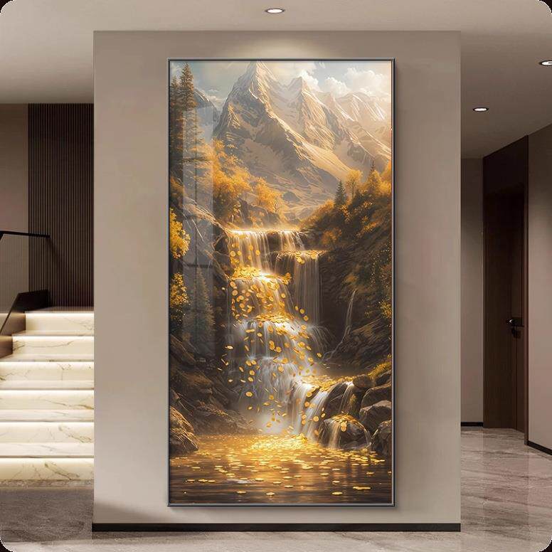 高山流水生财玄关装饰画聚宝盆客厅走廊过道壁画竖版山水风景挂画