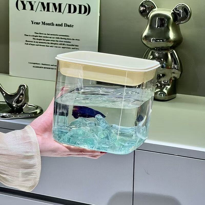 生态小鱼缸加厚泰国斗鱼盒式带漏盖桌面透明鱼缸水族创意造景箱