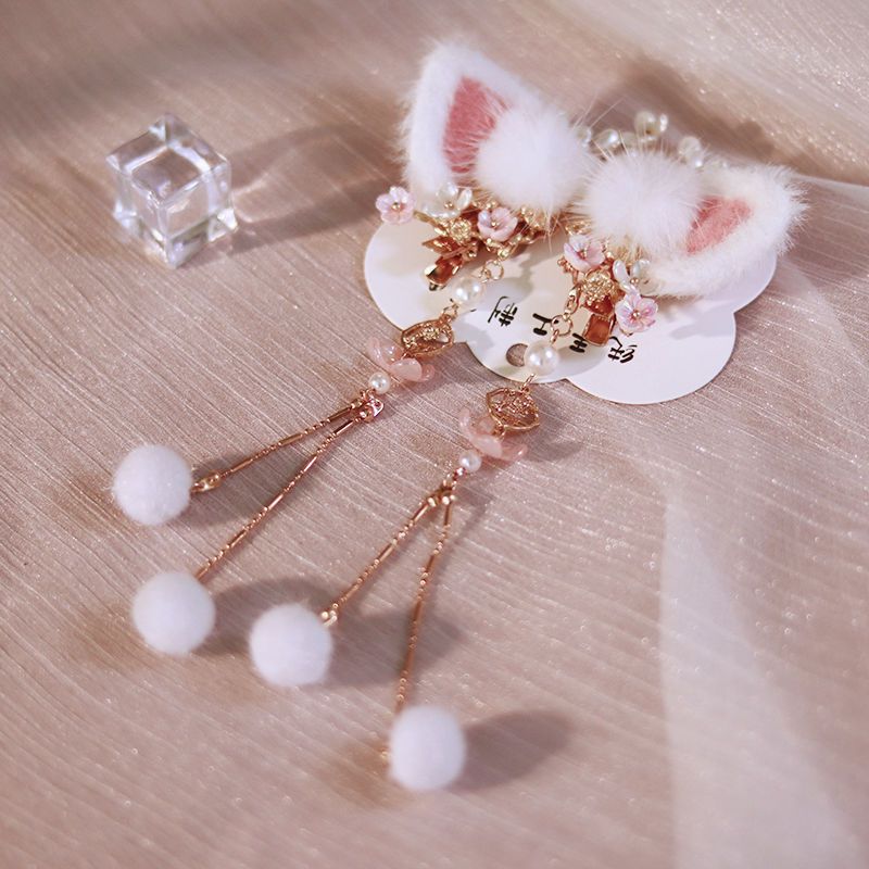 古风汉服可爱猫耳朵发夹日常搭配头饰长流苏毛绒古装儿童对夹发饰