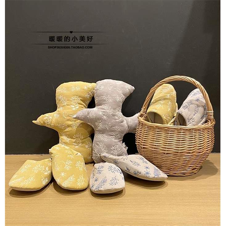 日D插画风 刺绣鸽子树叶造型小抱枕坐垫纸巾套室内地板拖鞋居家鞋