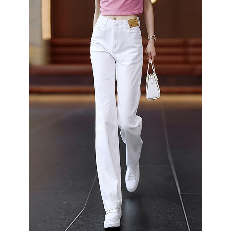 白色冰丝纯棉透气牛仔直筒裤女2024新款夏季薄款女裤休闲阔腿裤子