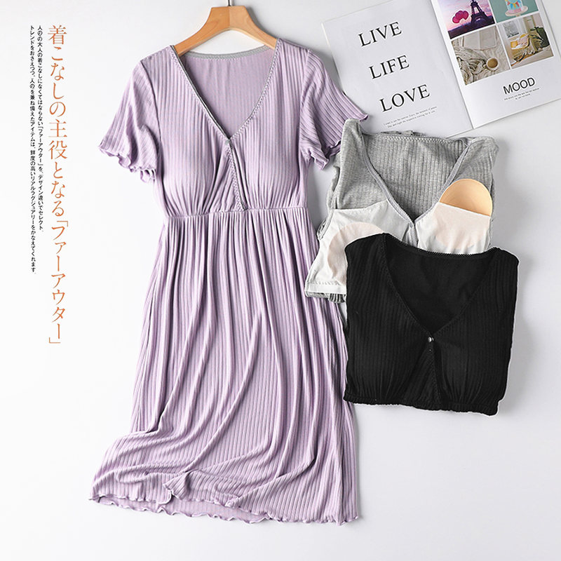 孕妇连衣裙中长款怀孕期带胸垫家居睡衣产后哺乳睡裙喂奶大码夏季