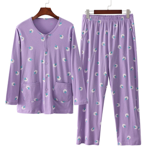 家居服开襟大码 春夏薄款 睡衣睡裤 女士圆领纯棉开衫 空调 v系扣长袖