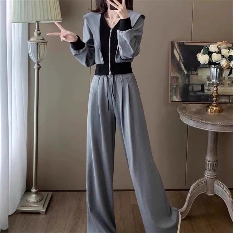 灰色休闲运动套装j女春秋酷女孩穿搭时尚洋气宽松拖地阔腿裤两件