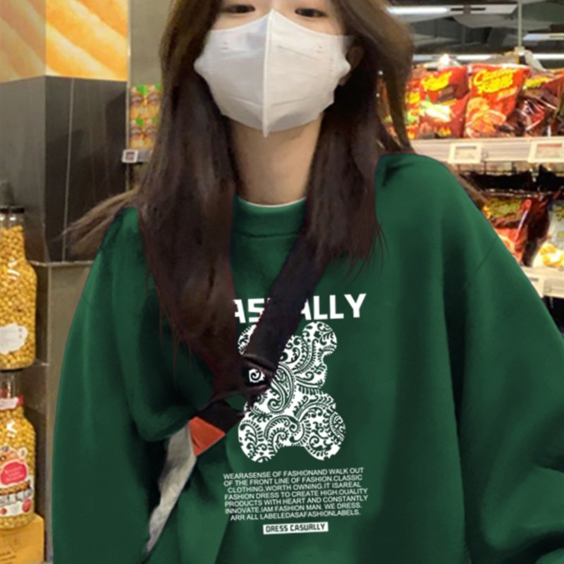 墨绿色春秋薄款卫衣女秋冬2023新款大码时尚加T厚宽松多巴胺外套