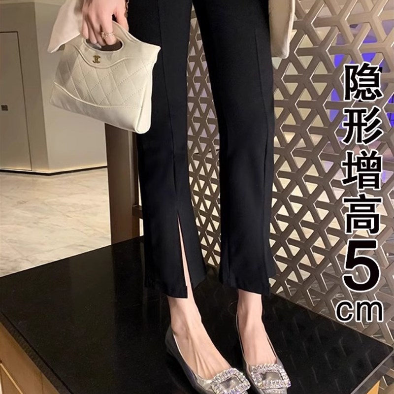 真皮版~内增g高银色水钻单鞋女2024新款法式方扣一脚蹬通勤平底鞋