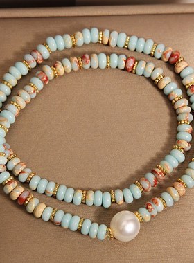 珍珠寿山石彩色串珠手链女轻奢小众复古高级感双圈叠戴手串手饰品