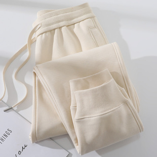 裤 杏色运动裤 女加绒加厚长裤 t2024秋冬新款 宽松休闲束脚卫 子大码