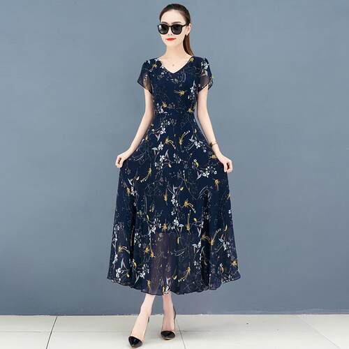 2023夏季新款高档白色雪纺碎花A连衣裙收腰显瘦遮肚妈妈大码长裙