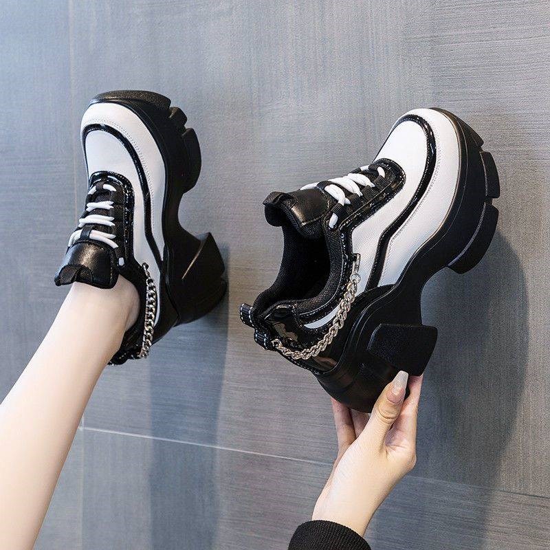 真皮老爹鞋女2022年春秋季新款爆厚底内增K高松糕运动休闲黑色8cm