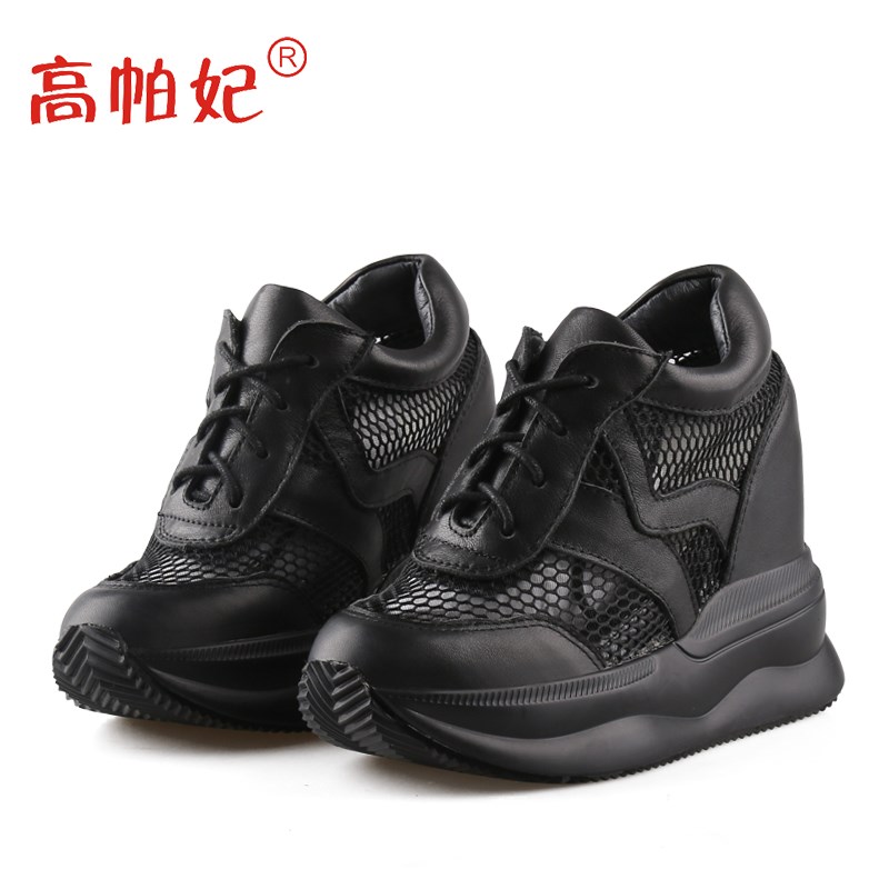 小个子内增高女鞋11cm镂空真皮松糕鞋厚底休闲运动鞋女透气网面鞋