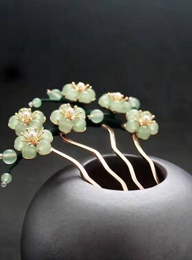 新款手工古风发梳汉服发簪旗袍盘发发饰绿色花瓣发插梳发钗头饰女