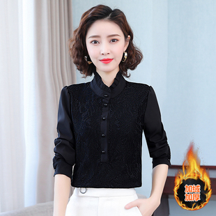 立领蕾丝打底衫女秋冬网纱u内搭洋气长袖上衣黑色高领加绒雪纺衬