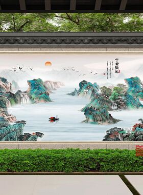 新款农村迎门瓷砖室外p庭院影壁围墙照壁画墙砖招财风景山水户外