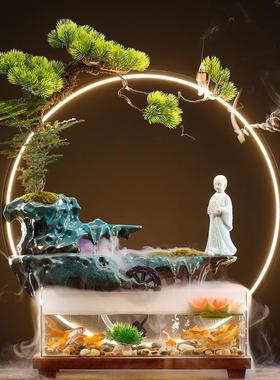 创意假山喷泉陶瓷流水摆件风水车招财鱼缸家用客厅玄关书房装饰品