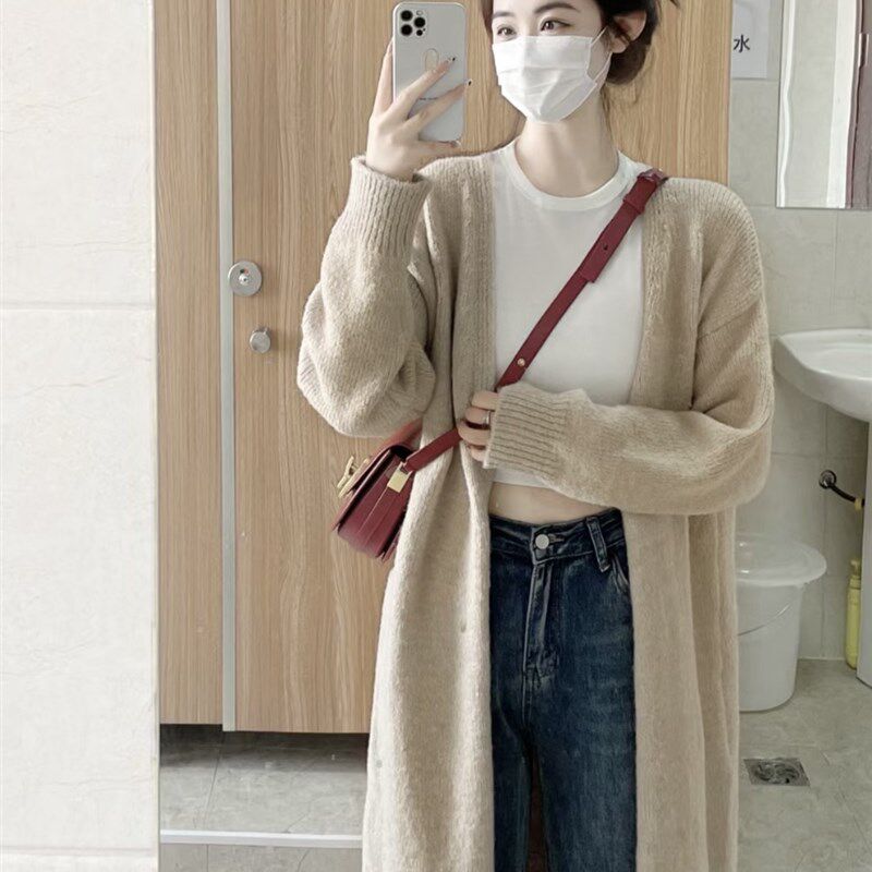 燕麦色针织开衫女高级感秋冬外搭绵羊F绒中长款毛衣外套慵懒感宽