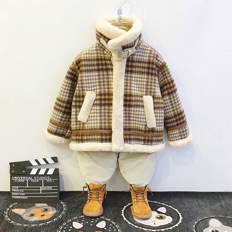 儿童加绒外套2021冬装新款男童加厚机车服夹N克宝宝洋气呢子大衣