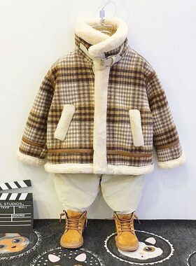 儿童加绒外套2021冬装新款男童加厚机车服夹N克宝宝洋气呢子大衣