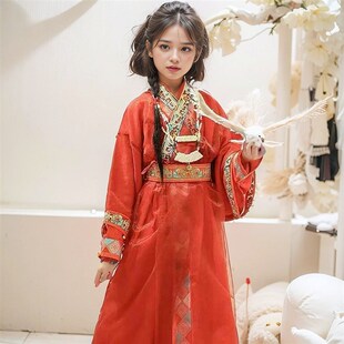 女童汉服古装春秋战国袍直踞儿童中国风端庄大气朱丹橘红表演服装