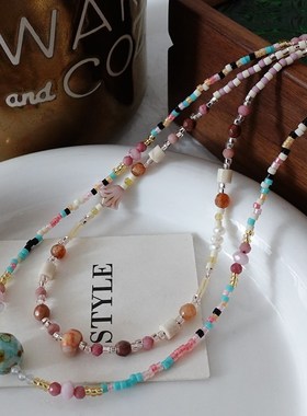 多巴胺彩色天然石项链2024新款爆款夏日串珠颈链高级感叠带锁骨链