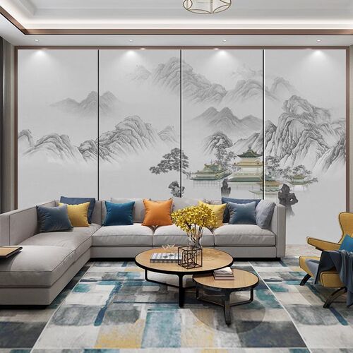 新中式刺绣壁画硬包水墨山水背景墙电视沙M发床头客厅轻奢酒店背
