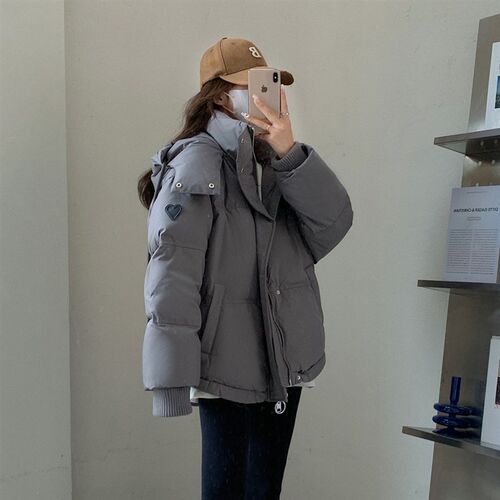 冬季新款2024韩版灰色爱心短款羽绒棉服学生大码棉衣女情侣面包服