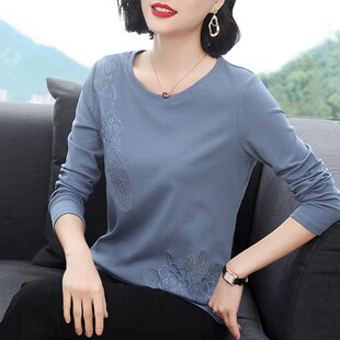 纯棉长袖t恤女 宽松上q衣中老年洋气丅恤秋衣外穿妈妈遮肚子打底