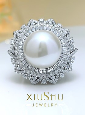 重工豪镶贝母珍珠戒指满钻澳白强光正圆925银食指夸张大首饰套装