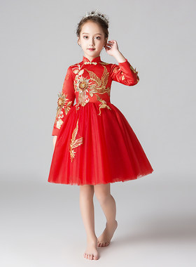女童中式礼服公主裙红色加厚中国风儿童花童M小主持人演出服秋冬