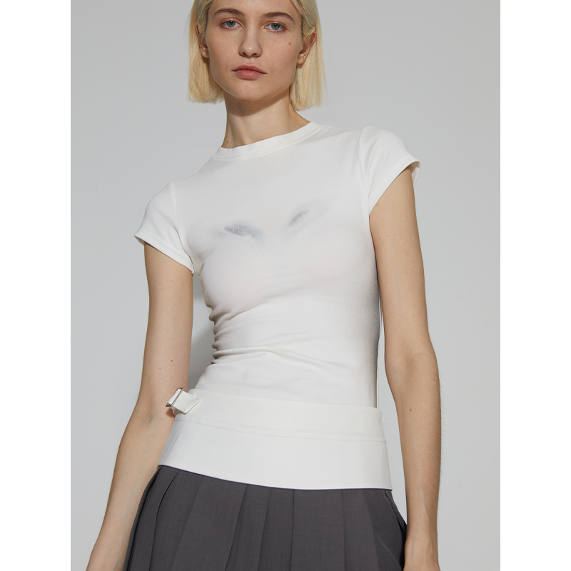 ROLLINGAGE 夏季新款烫银阴影印花T恤女修身显瘦圆领短袖上衣