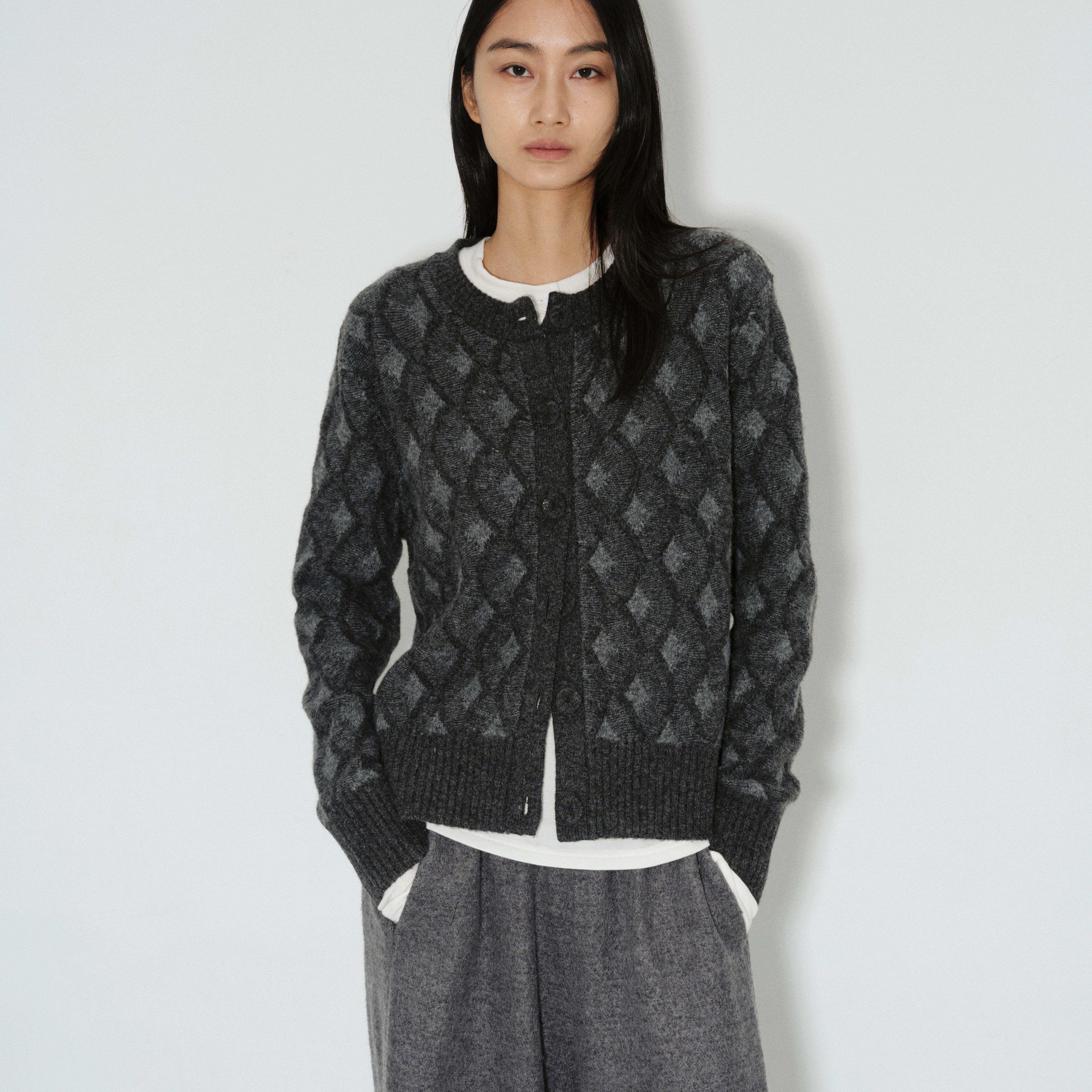 ROLLINGAGE绢丝羊毛提花圆领针织宽松开衫