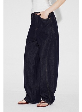 ROLLINGAGE 2025夏季原牛明线茧型牛仔长裤女高腰阔腿直筒休闲裤