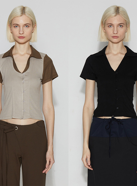 ROLLINGAGE 夏季新款U型领门襟细节肩短袖T恤女显瘦针织上衣