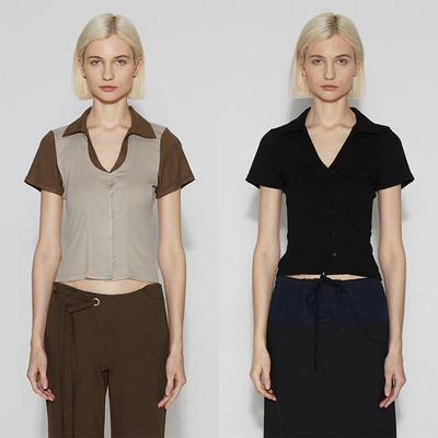 ROLLINGAGE 夏季新款U型领门襟细节肩短袖T恤女显瘦针织上衣