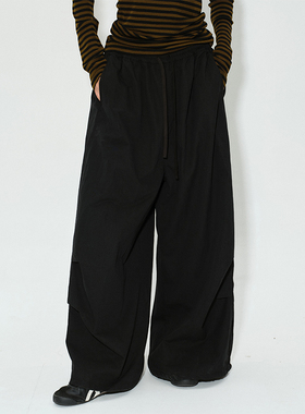 ROLLINGAGE 抽绳调节运动长裤随性松弛感长腿阔腿裤 米白/黑