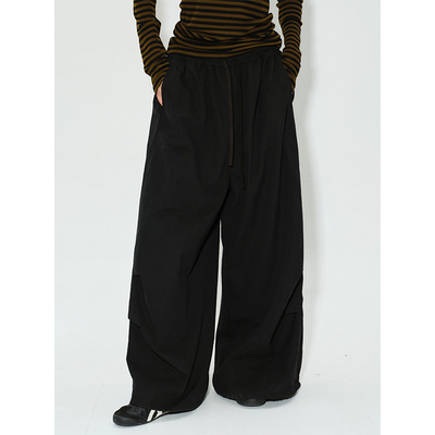 ROLLINGAGE 抽绳调节运动长裤随性松弛感长腿阔腿裤 米白/黑