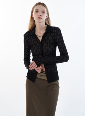 ROLLINGAGE 夏季新款针织蕾丝衬衫长袖打底微透镂空显瘦上衣