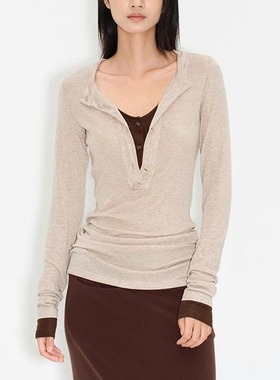 ROLLINGAGE 莱塞尔撞色假两件时髦收腰随性亨利领开襟针织上衣