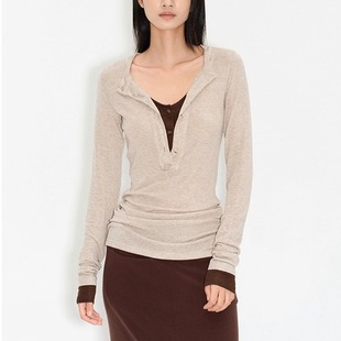 ROLLINGAGE 莱塞尔撞色假两件时髦收腰随性亨利领开襟针织上衣