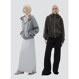 ROLLINGAGE 时髦感休闲连帽衫卫衣女立体双开头拉链宽松外套上衣