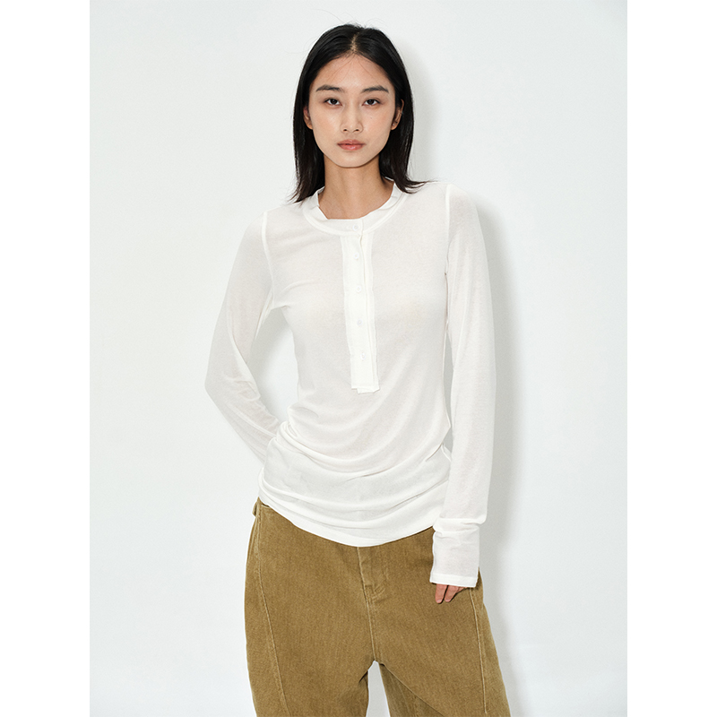 ROLLINGAGE 毛边门襟亨利领长袖打底衫