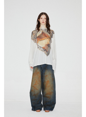 ROLLINGAGE 2025夏季圆领丝巾印花长袖防罩衫松弛休闲宽松T恤上衣