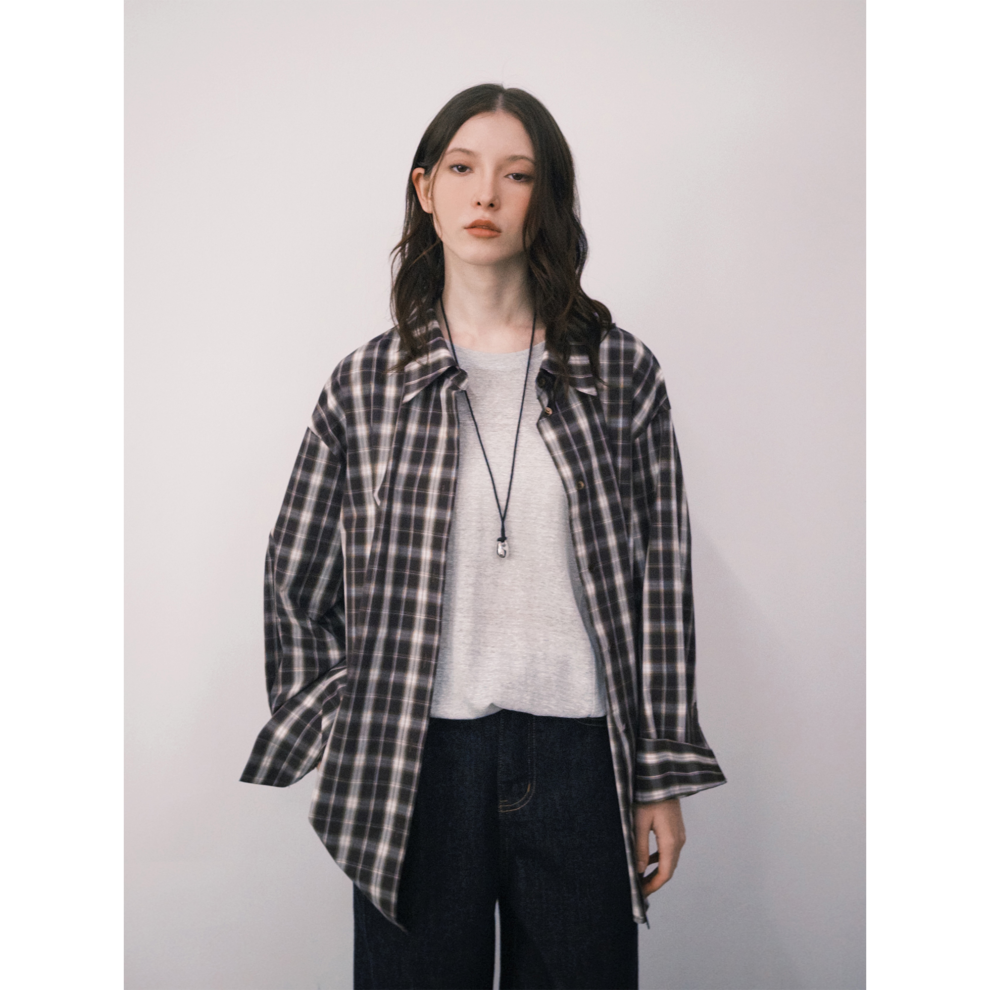 ROLLINGAGE  2025夏季格纹宽松长袖衬衫女设计感小众宽松廓形衬衣